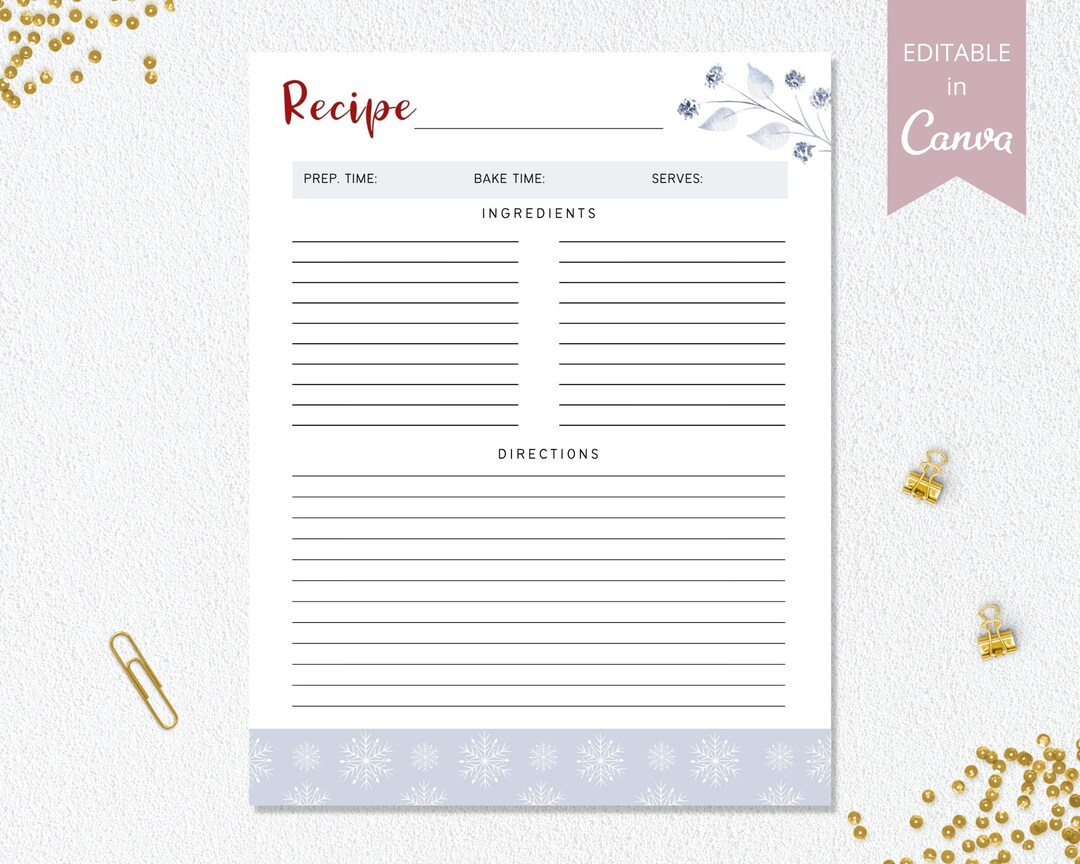 Christmas Recipe Card Printable, Holiday Recipe Cards Template, Winter ...