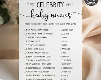 May include: A white rectangular game card titled Celebrity baby names in black text. The card features a matching activity with fourteen celebrity couples listed on the left and fourteen baby names listed on the right, with blank lines for writing.