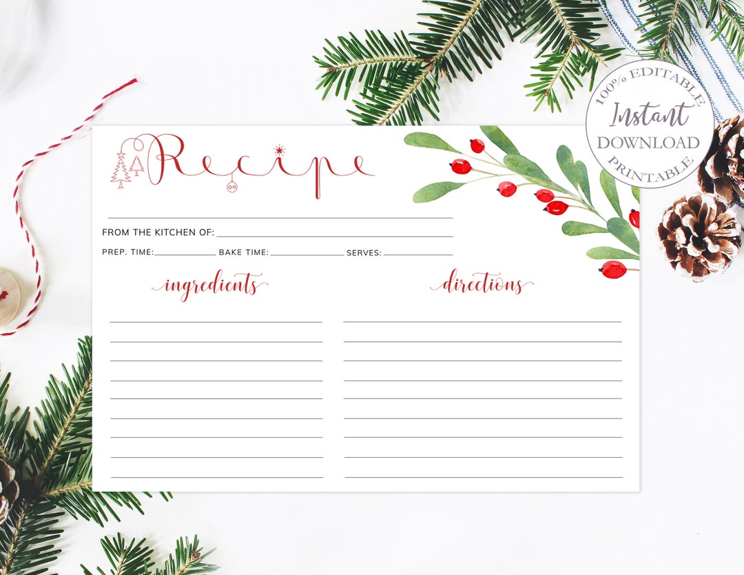 Christmas Recipe Cards Printable, Holiday Recipe Card Template, Xmas ...