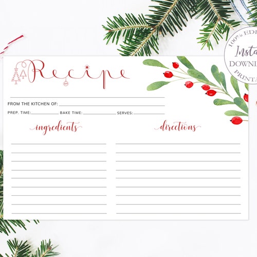 Christmas Recipe Cards Printable Holiday Recipe Card - Etsy New Zealand