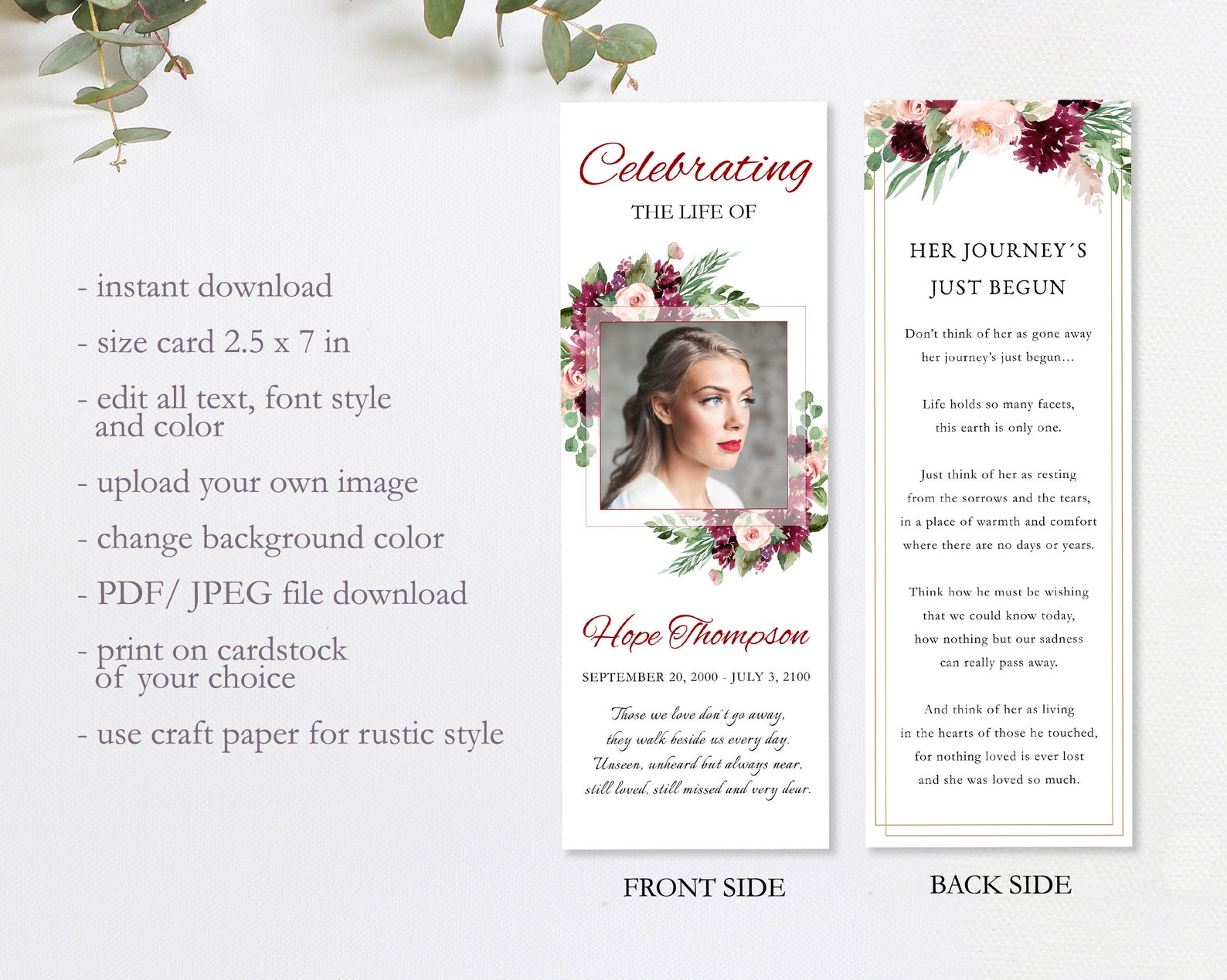 Funeral Bookmarks Printable Editable Obituary Bookmark Loss - Etsy