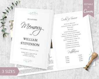 Può includere: Un programma funebre bianco con bordo azzurro chiaro e decorazioni floreali. Il testo recita "In Loving Memory of William Stevenson". Il programma include un ordine del servizio e spazio per i portatori. È visibile anche la scritta "Editable in Canva".