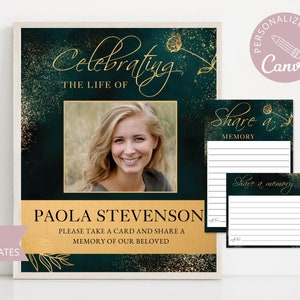 Funeral Share a Memory Cards I Editable Canva Template I Green and Gold Share a Memory Sign I Celebration of Life I In Loving Memory