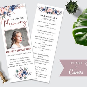 Funeral Obituary Bookmark Template, Loss Of Loved One Printable Bookmarks, Editable Funeral Keepsake Bookmark, Instant Digital Download.