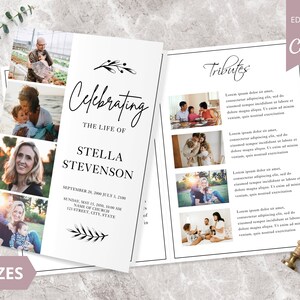 Könnte beinhalten: Ein weißes, zweifach gefaltetes Gedenkprogramm mit dem Text "Celebrating the Life of Stella Stevenson". Das Programm enthält Familienfotos und die Wörter "Tributes" und "3 Sizes". Das Design ist mit floralen Elementen akzentuiert.