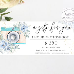 Photography Gift Certificate Editable Template, Printable Photo Session Gift Card, Bridal Shower Gift Idea, Instant Download. SRP-011