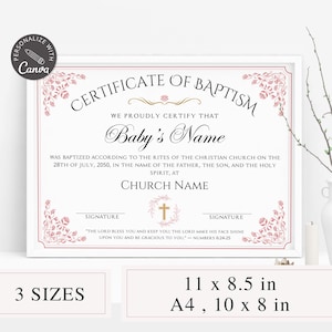 Personalized Baby Baptism Certificate Canva Template | Customizable Church Ceremony Form | Printable Christening Keepsake | Baptism Event