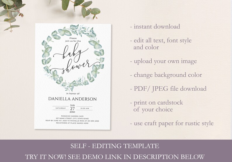Eucalyptus Baby Shower Bundle Template Printable Greenery | Etsy