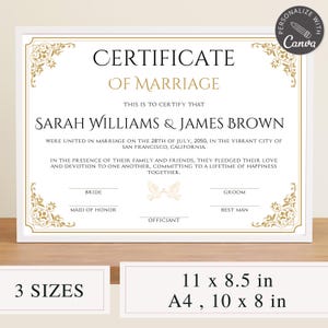 Editabel Certificate of Marriage Template I Canva Template Editable, Wedding Keepsake, Custom Certificate Marriage, Wedding Certificate