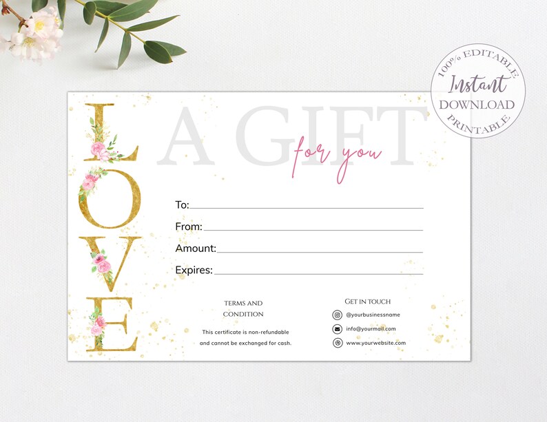 Gift Certificate Template Editable Love Gift Card Printable - Etsy