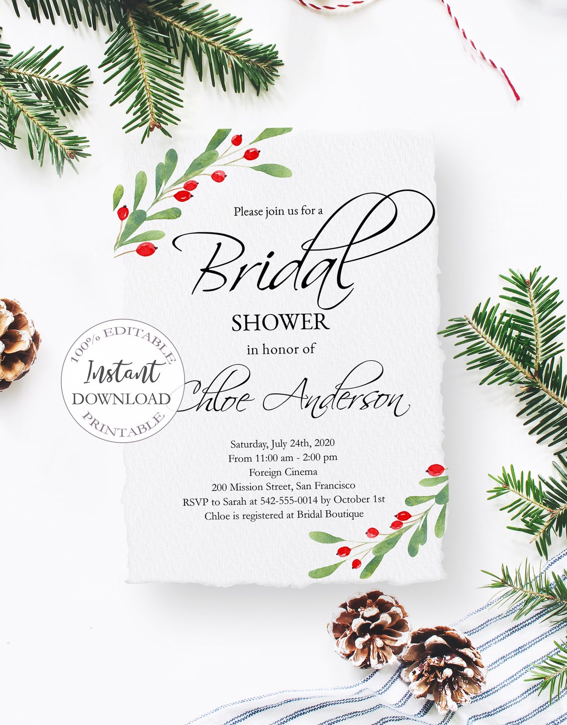 Christmas Bridal Shower Invitation Template Printable Xmas Etsy