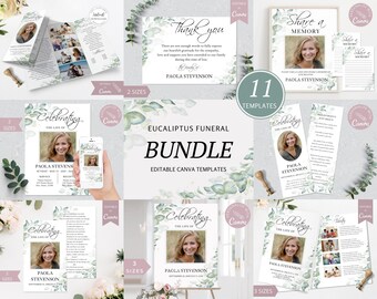 May include: A set of 11 Eucalyptus Funeral Bundle templates, including invitations, thank you cards, and memorial cards. Each template features a photo of Paola Stevenson and eucalyptus leaf accents. The text "Eucalyptus Funeral Bundle" is displayed. Templates are editable.