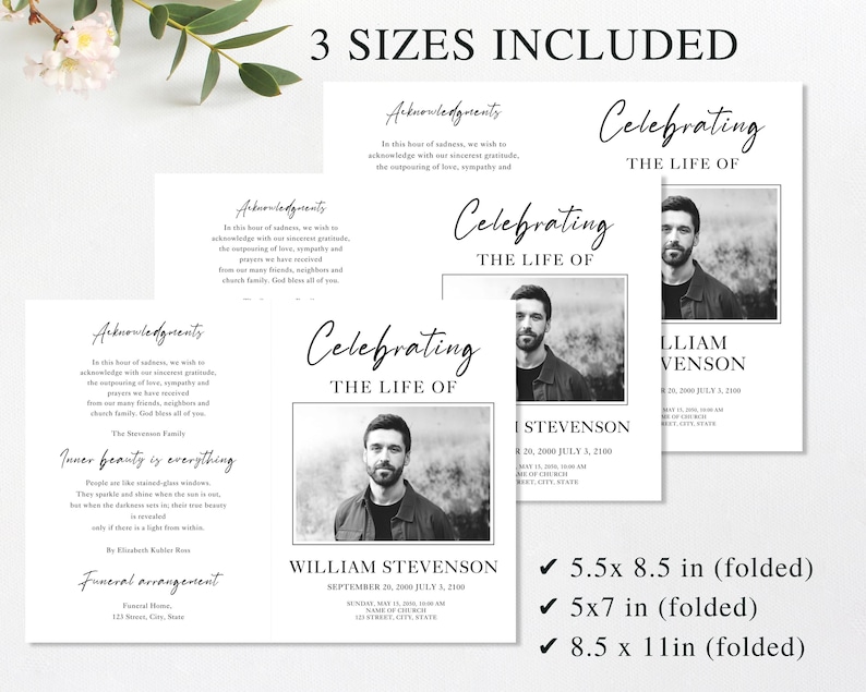 loss of father, funeral card, funeral brochure, celebration of life, funeral program, obituary template, loss of mother, in loving memory, loss of loved one, canva template, loss of grandmother, funeral template, obituary program