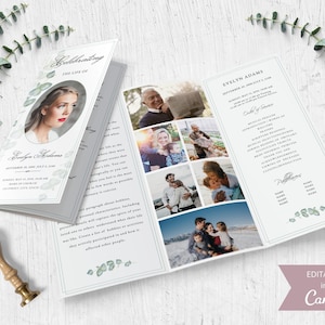 Editable Eucalyptus Trifold Funeral Program: In Loving Memory Obituary Template and Celebration of Life Funeral Card, Designed in Canva.