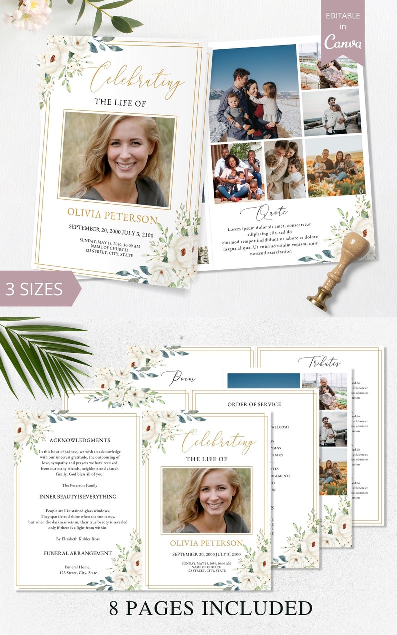 loss of father, funeral card, funeral brochure, celebration of life, funeral program, obituary template, loss of mother, in loving memory, loss of loved one, canva template, loss of grandmother, funeral template, obituary program