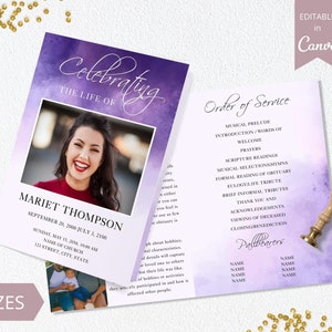Purple Funeral Program Template, Canva Template Printable, Editable Bi-Fold Obituary Funeral Template, In loving memory, 11x17in.