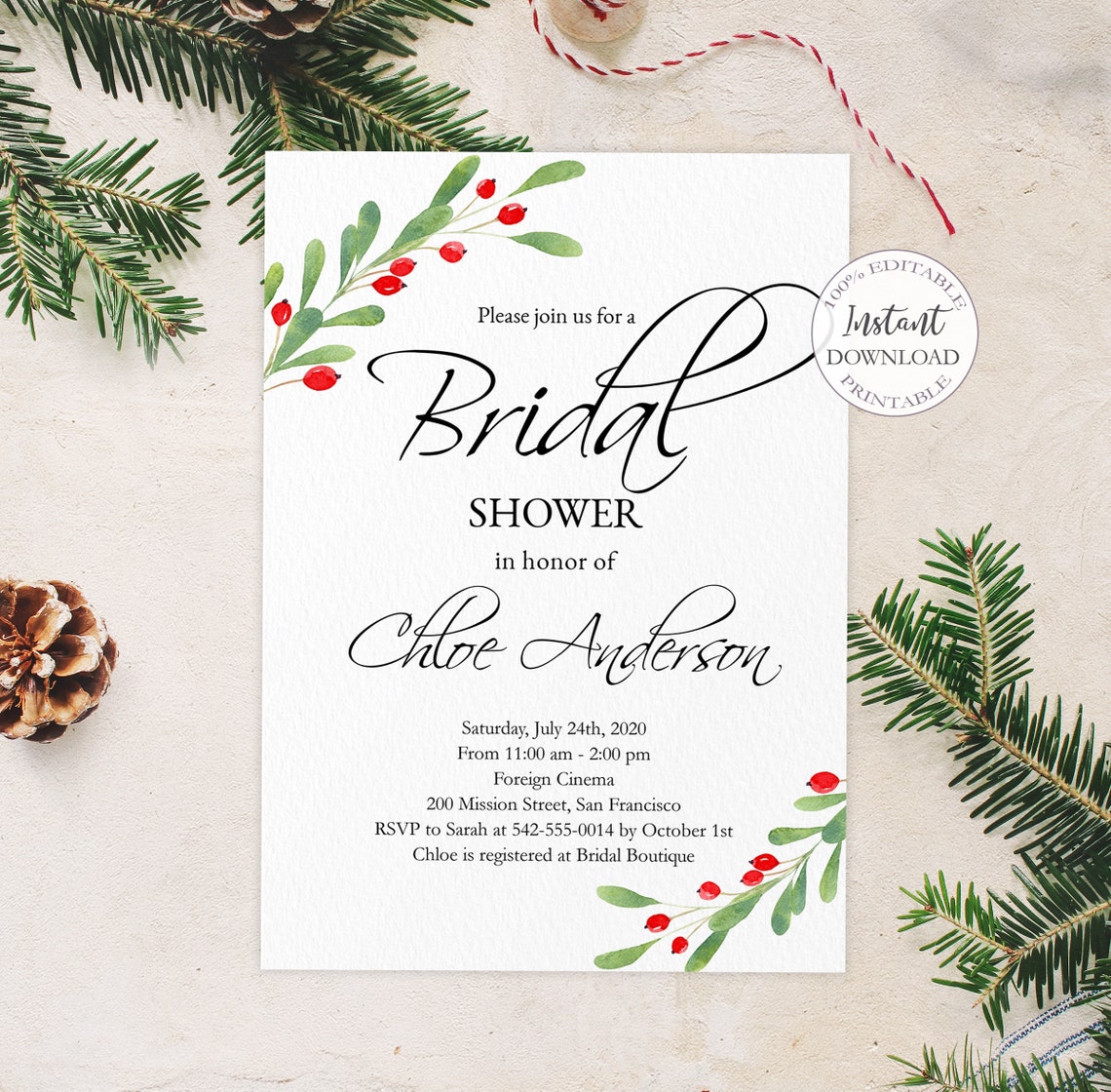 Christmas Bridal Shower Invitation Template Printable Xmas | Etsy