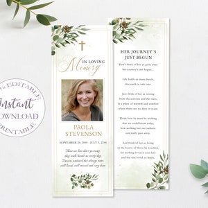 Obituary Bookmark Editable, Loss Of Mother Printable Bookmarks, Greenery Obituary Template, Customized Bookmark Funeral Template. F-021