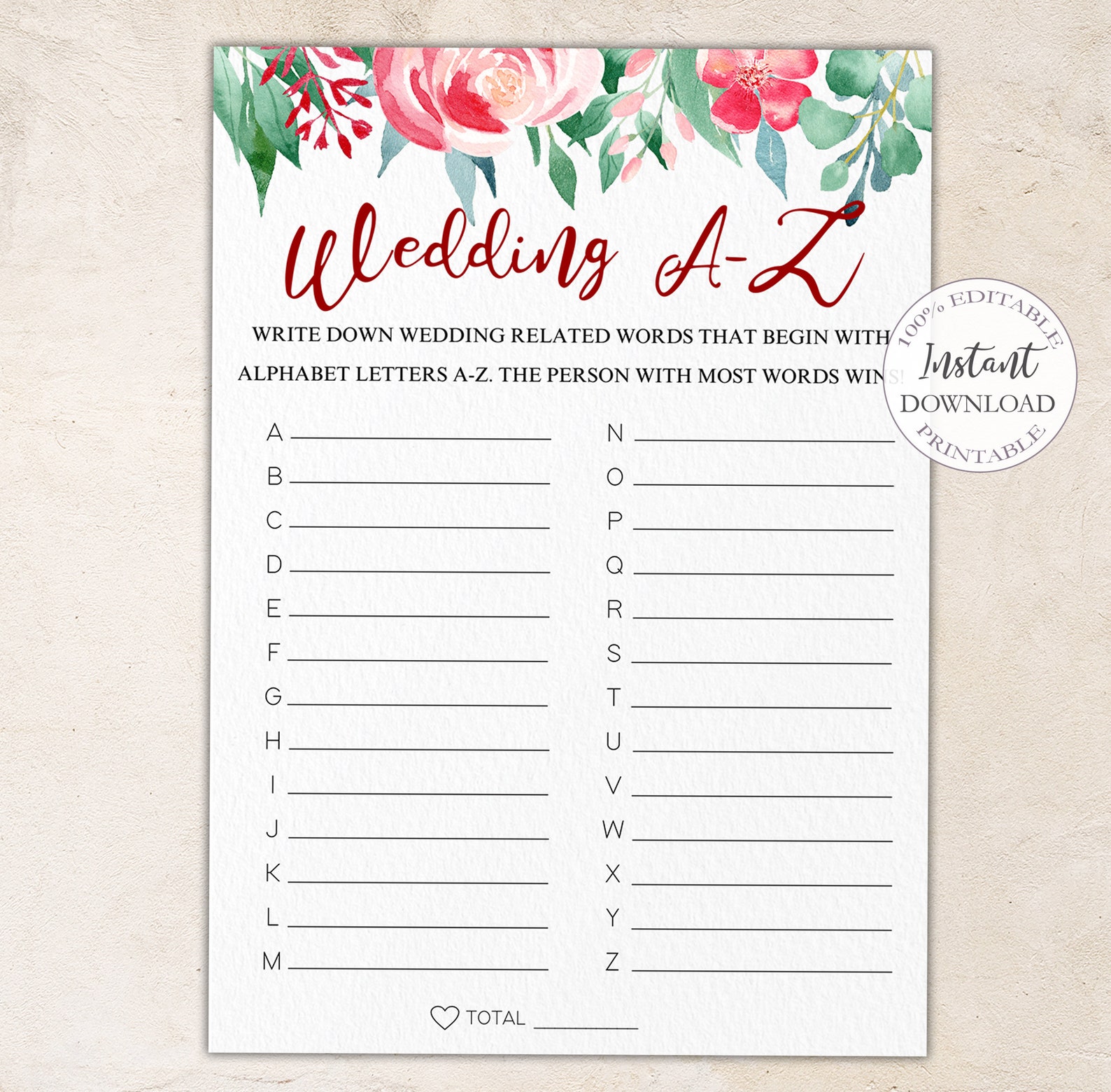 Wedding A-Z Game Printable Editable Bridal Shower Game - Etsy