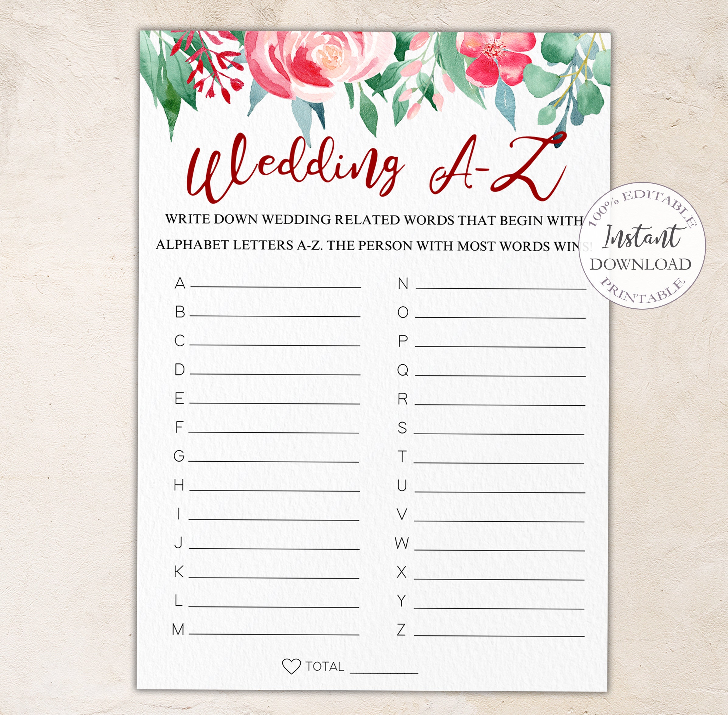 Wedding AZ Game Printable Editable Bridal Shower Game Etsy
