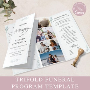 Modern Funeral Program I Printable Canva Template, Blue and Pink Editable Trifold Funeral Program, Loss of Loved One, 3 Sizes Obituary Card.