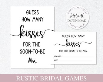 Bridal Shower Game Editable, Guess How Many Kisses For The Soon To Be Mrs Printable, Bachelorette Template, Rustic Wedding Game. SRP-029