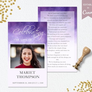 Purple Funeral Prayer Cards Template, Editable Canva Template, Loss Of Father Obituary Template, Printable In Loving Memory Prayer Card,