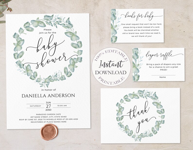 Eucalyptus Baby Shower Bundle Template Printable Greenery | Etsy