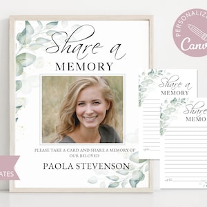 Funeral Share a Memory Cards I Editable Canva Template I Greenery Share a Memory Sign I Celebration of Life I In Loving Memory I Memory Card