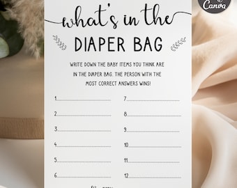May include: A white rectangular game card with black text reading what's in the DIAPER BAG, followed by instructions to write down baby items. The card features twelve numbered lines for answers, a total score line with small heart icons, and leaf accents.