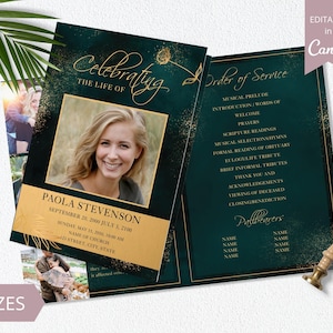 Green and Gold Funeral Program I Editable Canva Template I Printable Bi-Fold Obituary Funeral Template I In loving memory Card