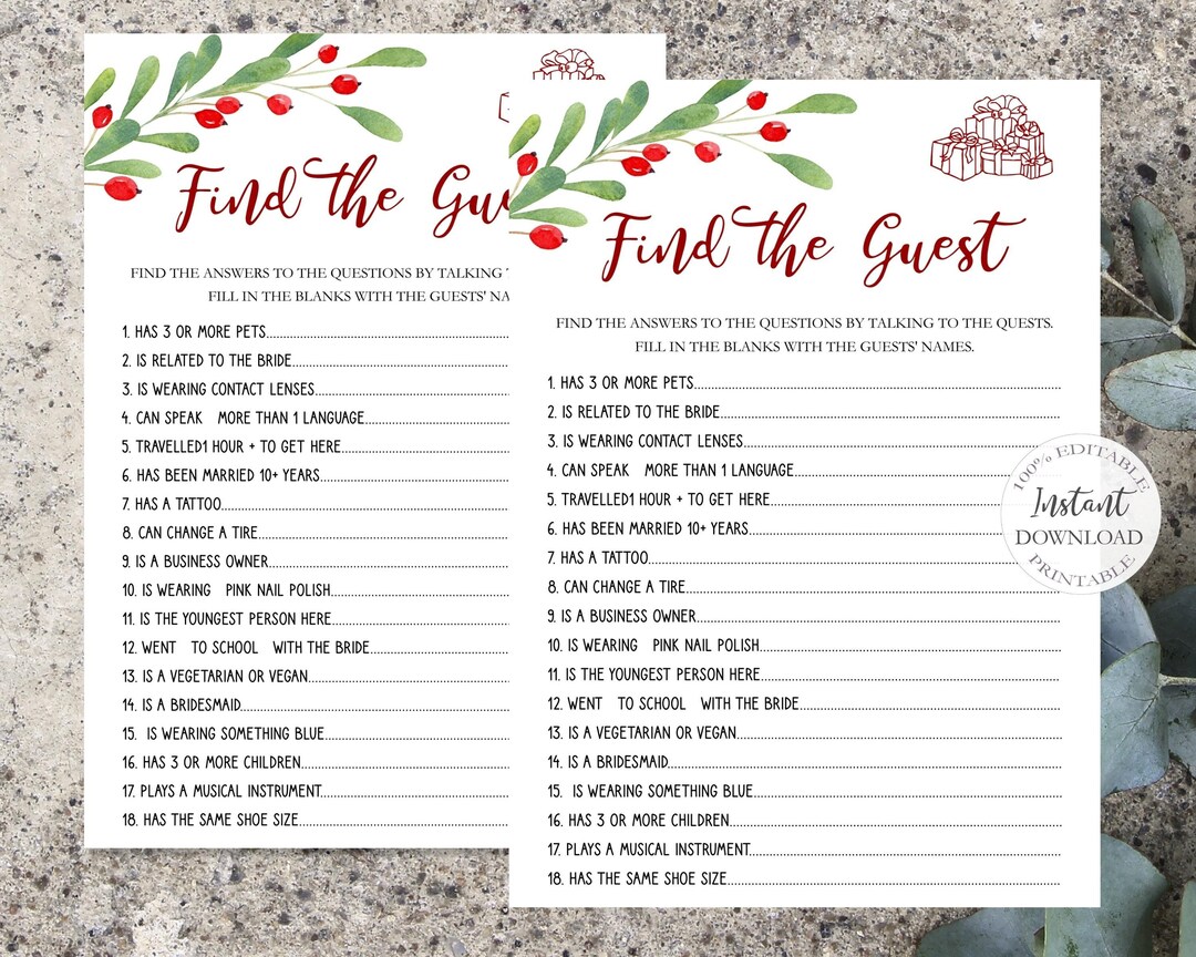 Christmas Find the Guest Game Template, Holiday Bachelorette Party ...