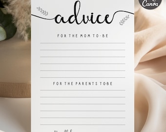 May include: A white rectangular advice card featuring black text and line graphics. The card includes the word advice, the phrases for the mom to be and for the parents to be, dotted lines for writing, and the text with love at the bottom.