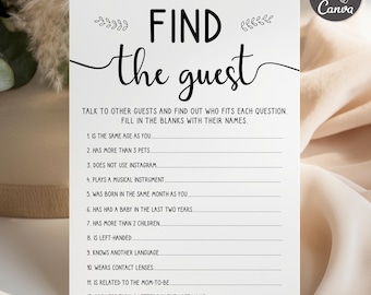 May include: A white rectangular game card titled FIND the guest in black text with decorative leaf icons. The card lists twelve numbered prompts with blank lines for writing names, including questions about age, pets, Instagram use, and musical instruments.