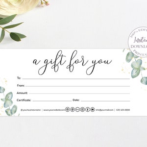Eucalyptus Gift Card Template, Fathers Day Gift Ideas, Editable Graduation Gift Card, Printable Business Inserts, Etsy Gift Card. SRP-011