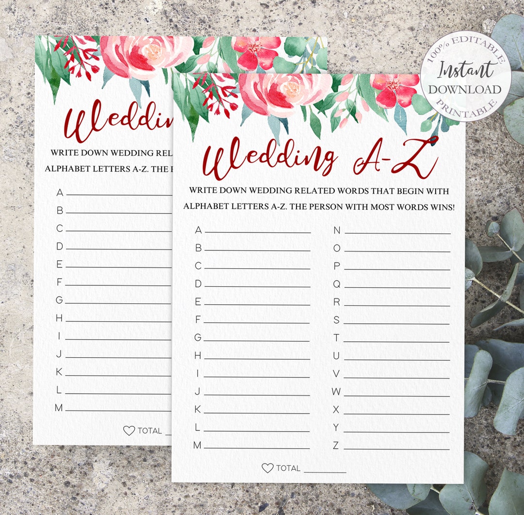 Wedding A-Z Game Printable, Editable Bridal Shower Game, Floral Bridal ...