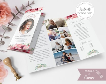Trifold Funeral Programs I Editable Canva Template I Floral Editable Memorial Program I Printable Obituary Remembrance Card.