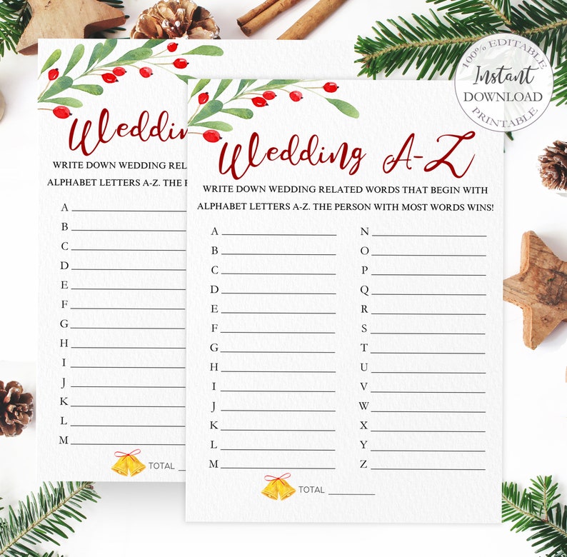 Christmas Bridal Shower Games Printable Wedding A-Z Game | Etsy