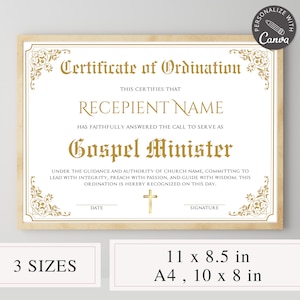 Certificate Of Ordination Template, Editable Canva Template, Gospel Ministry Certificate Form, Pastor Certificate, Deacon Certificate