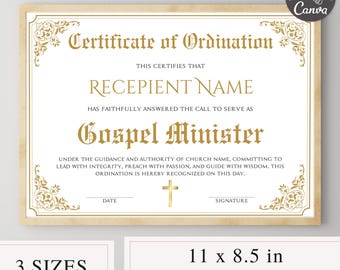 Certificate Of Ordination Template, Editable Canva Template, Gospel Ministry Certificate Form, Pastor Certificate, Deacon Certificate