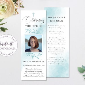 Obituary Bookmark Template, Loss Of Loved One Printable Bookmarks, Editable Blue Funeral Keepsake Bookmark, Instant Digital Download. F-023