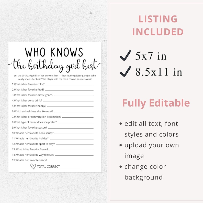 Who Knows The Birthday Girl Best Quiz Game | Canva Birthday Template | Trivia For Teens | Tween Birthday Game | Slumber Party Questions