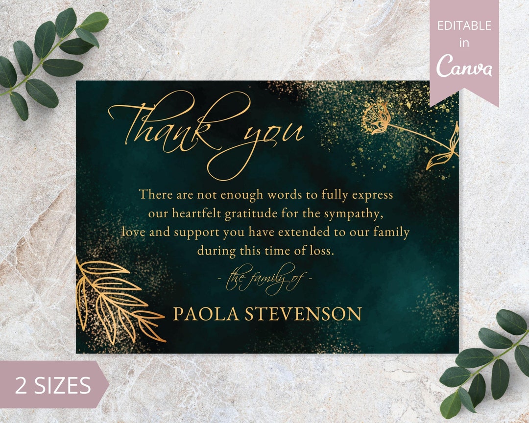 Green and Gold Funeral Thank You Card I Editable Canva Template I ...