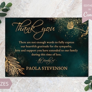 Green and Gold Funeral Thank You Card I Editable Canva Template I Celebration of Life I In Loving Memory I Memorial Sympathy Card
