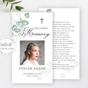 Eucalyptus Funeral Prayer Card Printable Template, Memorial Obituary Cards, Editable In Loving Memory Of Funeral Card, Funeral Ideas. F-002