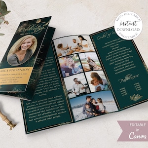 Green And Gold Funeral Program, Editable Trifold Funeral Program, Printable Canva Template, Loss of Loved One, 3 Sizes Obituary Card.