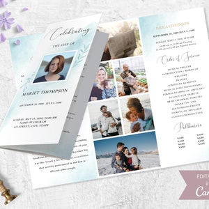 Blue Trifold  Funeral Program. Canva Editable Template. Loss Of Loved One Obituary Template. Printable Celebration Of Life Funeral Card.