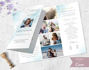 Blue Trifold  Funeral Program. Canva Editable Template. Loss Of Loved One Obituary Template. Printable Celebration Of Life Funeral Card.