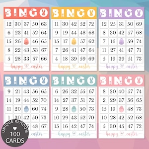 May include: Six colorful Easter Bingo cards with bunny and egg graphics. Each card has a unique set of numbers. The words "BINGO" and "Happy Easter" are displayed. The cards are designed for a fun Easter game.