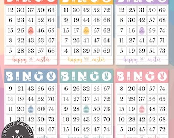 May include: Six colourful Easter Bingo cards featuring bunny and egg graphics. Each card has a unique set of numbers. The words "BINGO" and "Happy Easter" are displayed. Ideal for an Easter game.